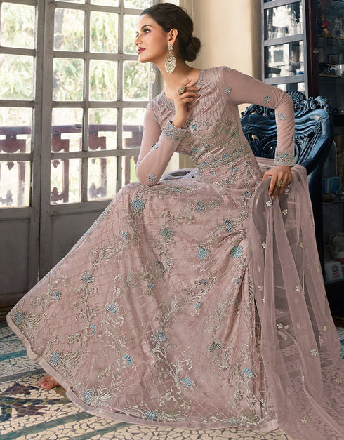 Dusty Pink Anarkali style Anarkali Semi-Stitched Suits Salwar Kameez in Cording Embroidery, Sequins & Lace Work Closure View Embroidery